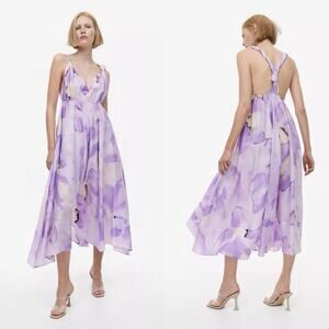 H&M Midi Dress M Womens Purple Watercolor Resortwear Romantic Feminine Vacation